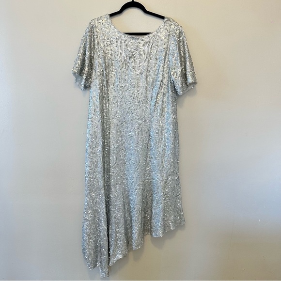 Adrianna Papell Plus Size Asymmetrical Hem Silver Sequin Dress - Picture 2 of 7